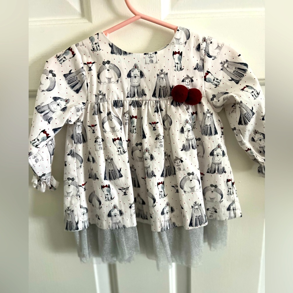 Sardon dress with dog print and Pom poms and tulle silver skirt